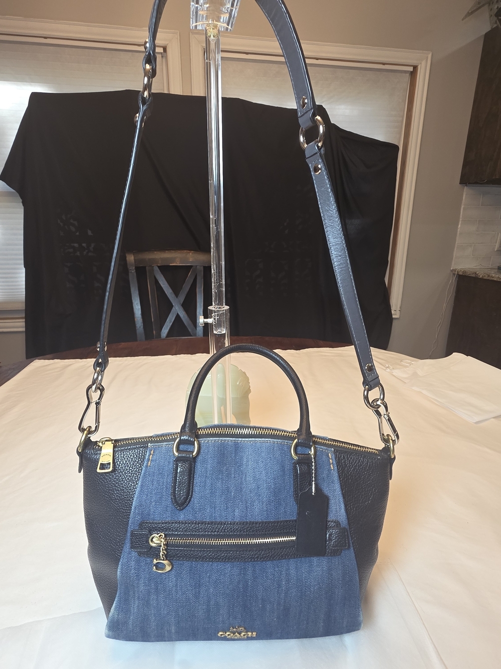 Coach Elise 89315 Denim & Black Leather Satchel Crossbody Bag Gold Hardware